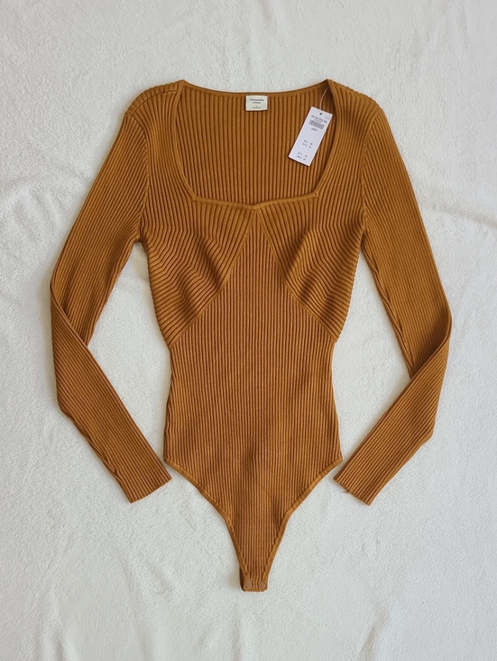 Abercrombie & Fitch Tops - Abercrombie NEW Ribbed Square Neck Long Sleeve Bodysuit Mustard Yellow Lar Knit